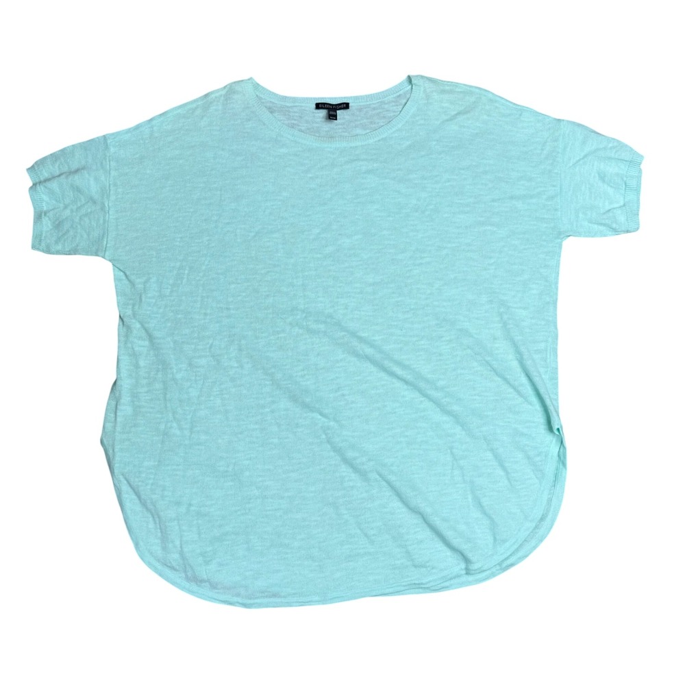 Eileen Fisher Aqua Organic Linen‎ Cotton Knit Top Short Sleeve Sweater M